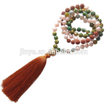 Sundysh Pearl Mala collar, piedras preciosas anudadas a mano Rudraksha perlas de madera Mala cuentas collar de la borla